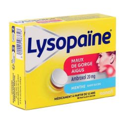 Lysopaïne Ambroxol 20 mg maux de gorge aigus sans sucre menthe (18 pastilles)