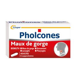 Pholcones Bismuth suppositoires adultes maux de gorge, enrouement, laryngite, pharyngite (x8)