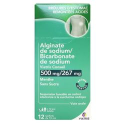 Alginate de sodium / Bicarbonate de sodium 500 mg/267mg Menthe Sans sucre  (12 sachets)