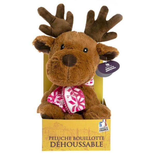 Pelucho Bouillotte sèche déhoussable peluche Élan marron aux grains de blé et fleurs de lavande