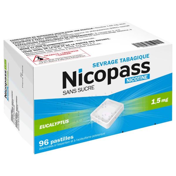 Nicopass pastilles sevrage tabagique sans sucre 1,5 mg Eucalyptus (x96)