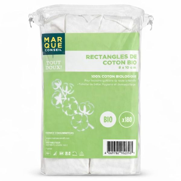 Sachet de rectangles de coton Bio 8 x 10 cm pour soins quotidiens et bébé (x180)