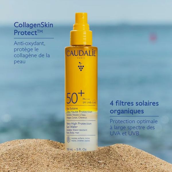 Eau Solaire Très Haute Protection SPF50+ invisble, résiste à l'eau, visage, corps & cheveux (150 ml)