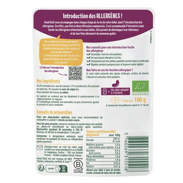 Goodgout Baby Plat bébé bio dès 6 mois tomates, carottes, polenta et noix de cajou (190 g)
