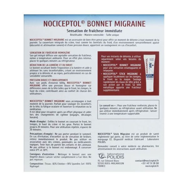 Nociceptol Bonnet Migraine Effet Froid Taille Unique soulage migraines et céphalées