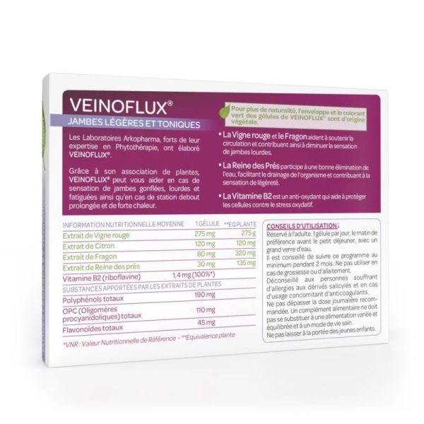 Arkopharma Veinoflux jambes légères et toniques, circulation, drainage (30 gélules)