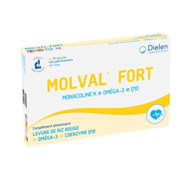 Dielen Molval Fort levure de riz rouge, oméga-3, coenzyme Q10 santé cardiovasculaire (30 capsules)