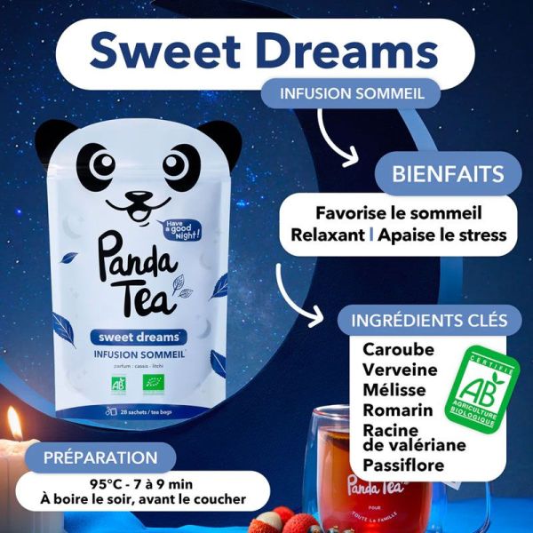 Panda Tea Sweet Dreams infusion sommeil bio parfum cassis litchi (28 sachets)