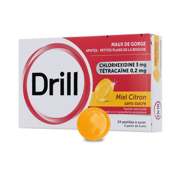 Drill Pastilles Miel Citron sans sucre maux de gorges, aphtes, petites plaies (x36)