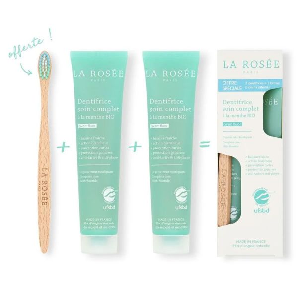 La Rosée Kit de 2 Dentifrices soin complet à la menthe bio + brosse à dents