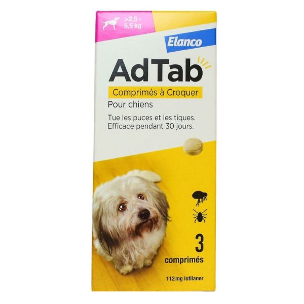 Elanco Adtab 112Mg Lotilaner Antiparasitaire pour Chiens 2.5-5.5Kg 3 comprimés