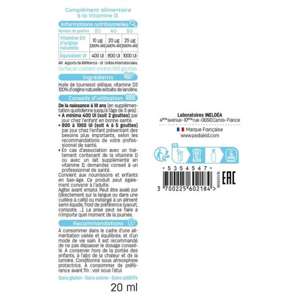 Pediakid Vitamine D3 Gouttes Buvables 20Ml