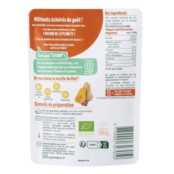 Good Goût Baby Plat bio courges butternut & sauté d'agneau bébé dès 6 mois (190 g)