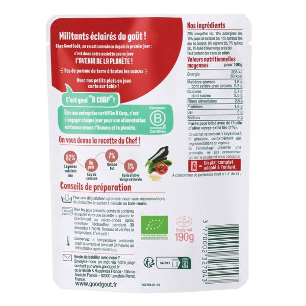 Good Goût Baby Plat végétarien Ratatouille au Quinoa bébé dès 6 mois (190 g)