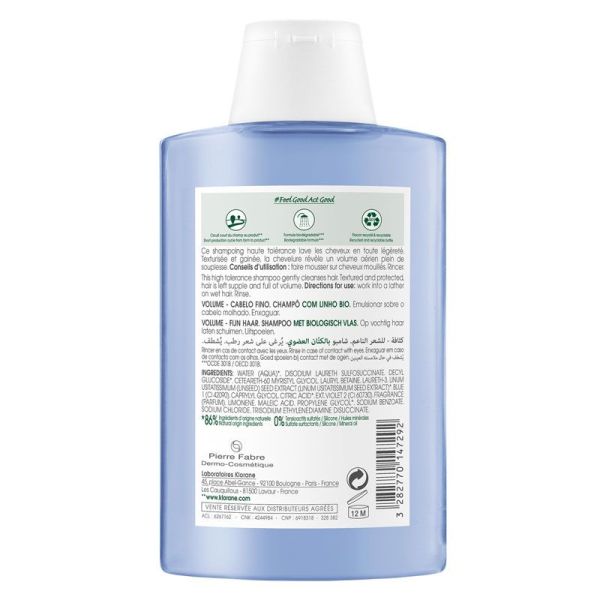 Klorane Volume Shampoing gainant et volumisant au Lin bio (200 ml)