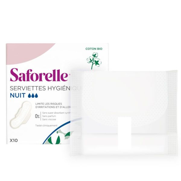Saforelle Serviettes Hygiéniques nuit en Coton bio (x10)