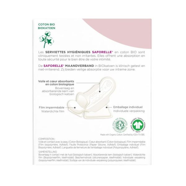 Saforelle Serviettes Hygiéniques nuit en Coton bio (x10)