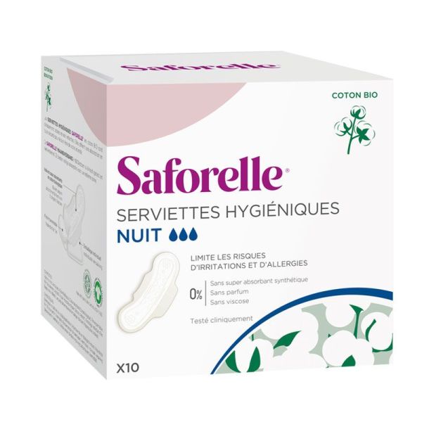 Saforelle Serviettes Hygiéniques nuit en Coton bio (x10)