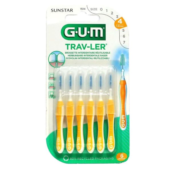 GUM Trav-Ler Brossettes interdentaires réutilisables jaunes 1,3 mm (x6)