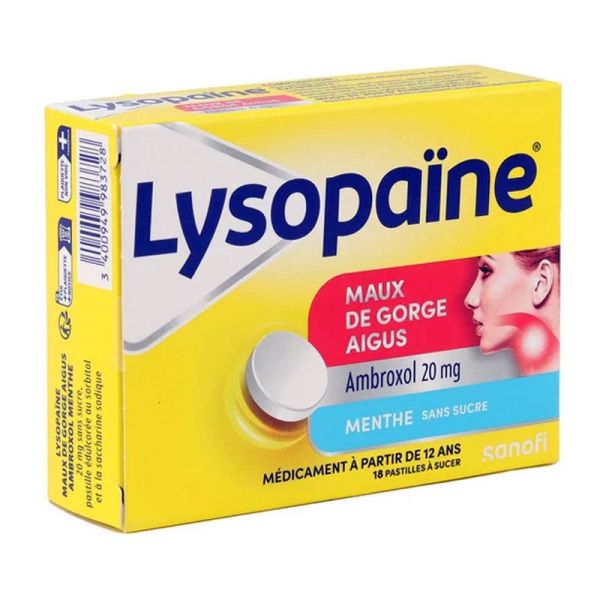 Lysopaïne Ambroxol 20 mg maux de gorge aigus sans sucre menthe (18 pastilles)