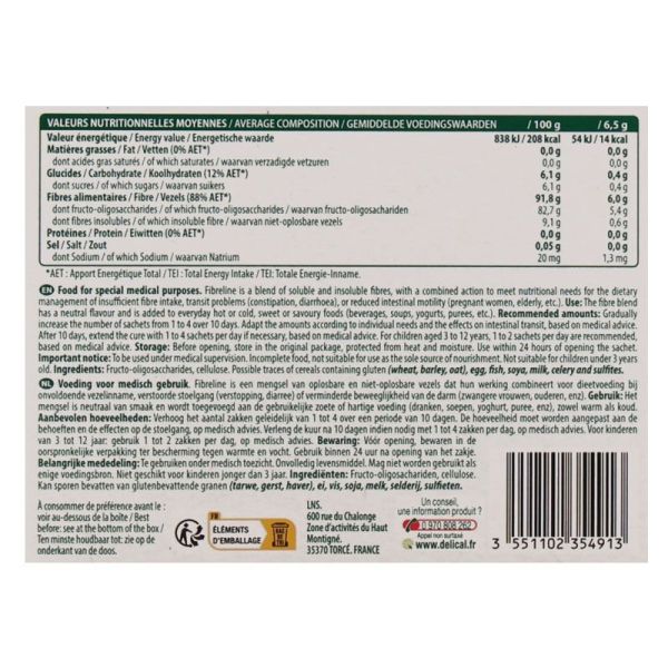 Fibreline Transit poudre 100% végétale double action, goût neutre (15 sticks de 6,5 g)