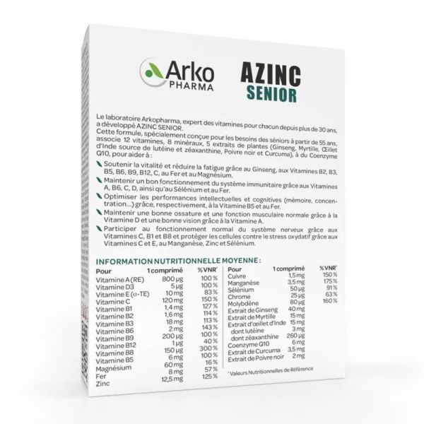 Arkopharma Azinc Senior énergie, fatigue, immunité, moral & mémoire (30 comprimés)