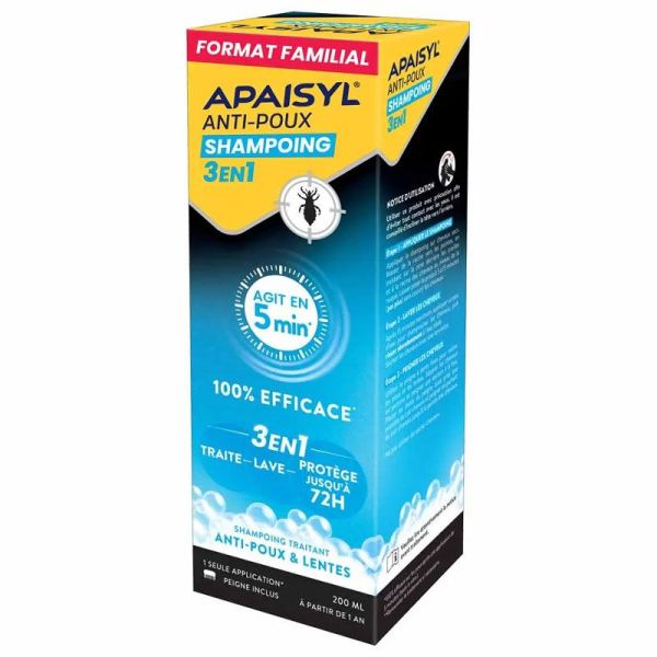 Shampooing Anti-Poux et lentes 3-en-1 100% efficace traite, lave et protège (200 ml)