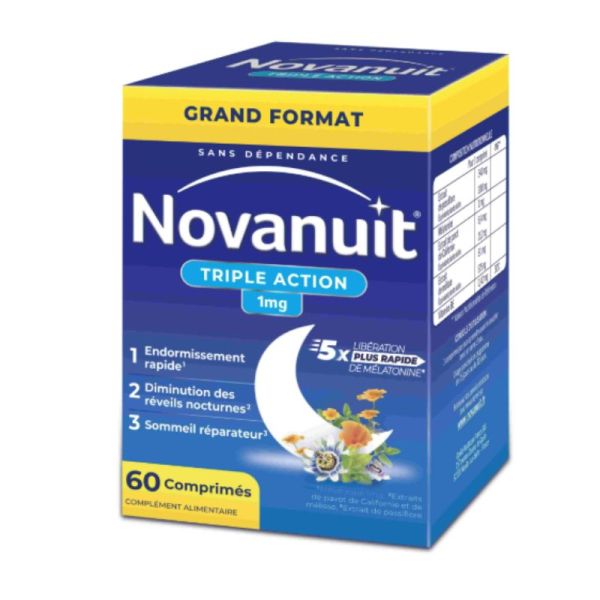 Novanuit Triple Action endormissement, réveils nocturnes, sommeil réparateur (60 comprimés)