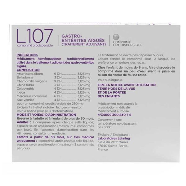 L107 Gastro-entérites aigües, diarrhées, nausées & vomissement (40 comprimés orodispersibles)