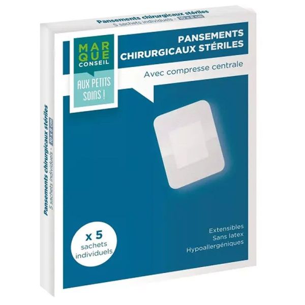 Pansements chirugicaux stériles avec compresse centrale 5 x 7 cm (x5)