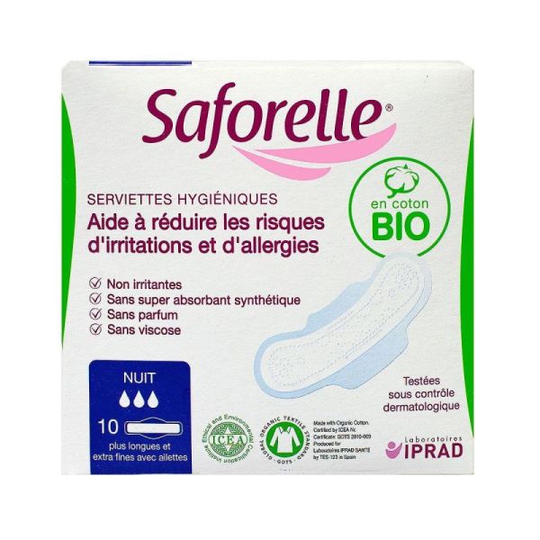 Saforelle Serviettes Hygiéniques nuit en Coton bio (x10)