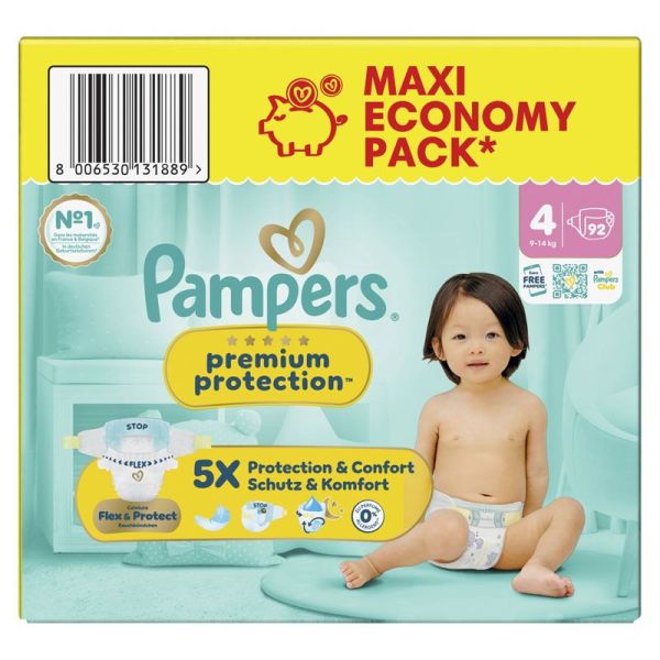 Pampers Premium Protection couches bébé T.4 (9-14 kg) Maxi Economy Pack (x92)