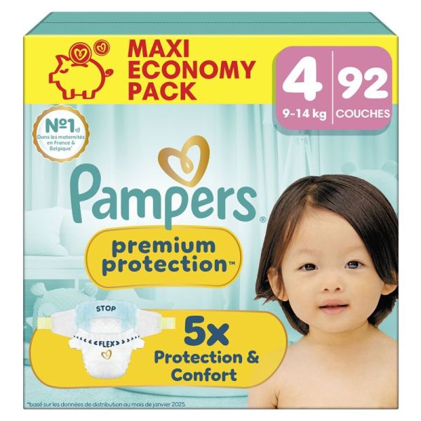 Pampers Premium Protection couches bébé T.4 (9-14 kg) Maxi Economy Pack (x92)