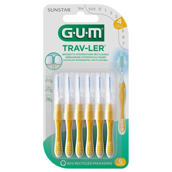 GUM Trav-Ler Brossettes interdentaires réutilisables jaunes 1,3 mm (x6)