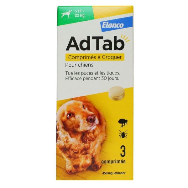 Elanco Adtab 450Mg Lotilaner Antiparasitaire pour Chiens 11-22Kg 3 comprimés