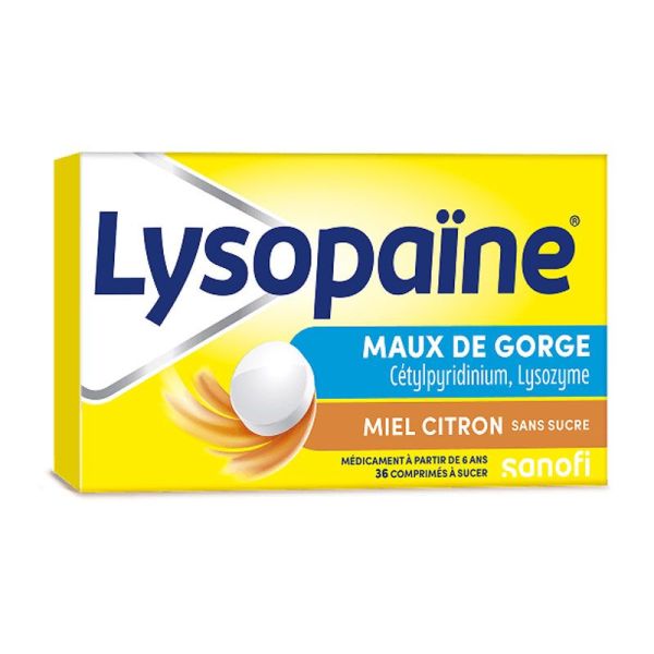 Lysopaïne Cétylpyridinium Lysozyme maux de gorge miel-citron sans sucre (2 x 18 pastilles)