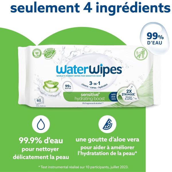 WaterWipes Lingettes Bébé Sensitive+ à l'aloe vera, hydratation intense (x60)