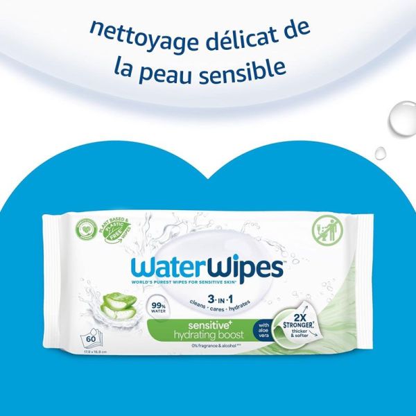 WaterWipes Lingettes Bébé Sensitive+ à l'aloe vera, hydratation intense (x60)