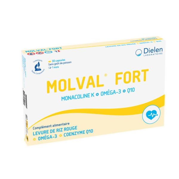 Dielen Molval Fort levure de riz rouge, oméga-3, coenzyme Q10 santé cardiovasculaire (90 capsules)
