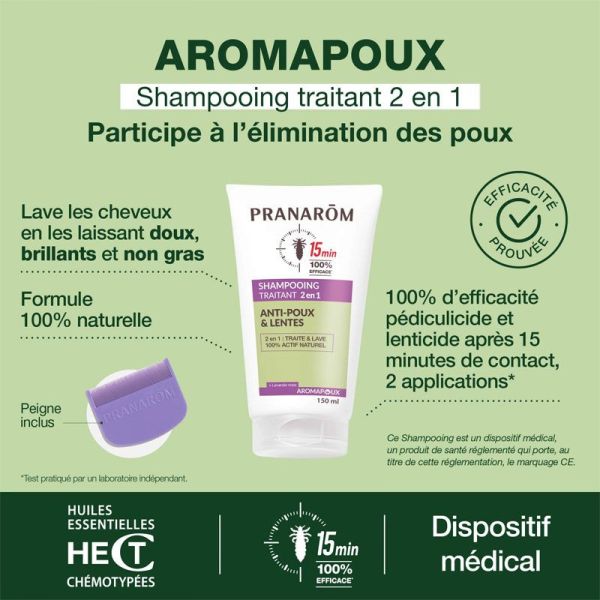 Pranarôm Aromapoux Shampoing Traitant anti-poux & lentes 15 minutes (150 ml)
