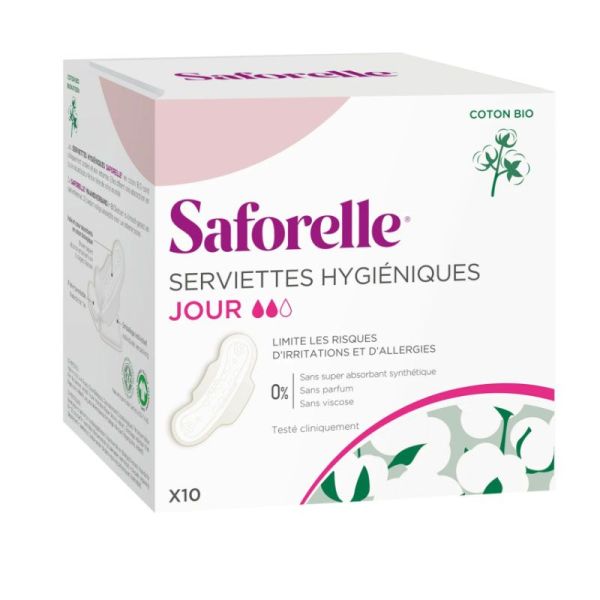 Saforelle Coton Protect Serviettes Hygiéniques en Coton Biologique x10