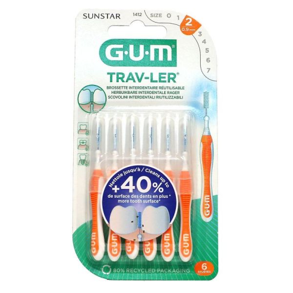 GUM Trav-Ler Brossettes interdentaires réutilisables orange 0,9 mm (x6)
