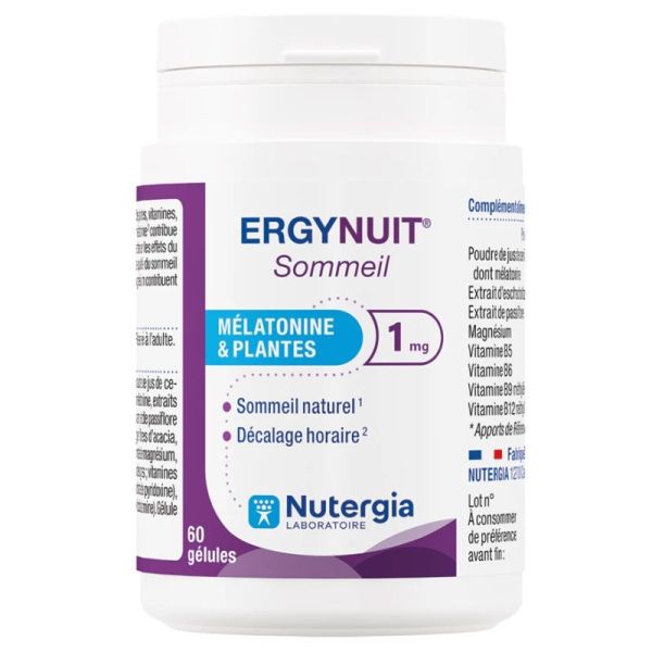 Nutergia Ergynuit Sommeil Mélatonine & plantes 1 mg, sommeil, décalage horaire (60 gélules)