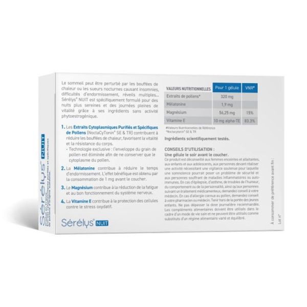 Sérélys Nuit sans accoutumance, sommeil, sueurs nocturnes (péri)ménopause (30 gélules végétales)