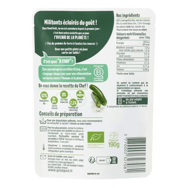 Good Goût Baby Plat végétarien Risotto de courgettes au chèvre bébé dès 8 mois (190 g)