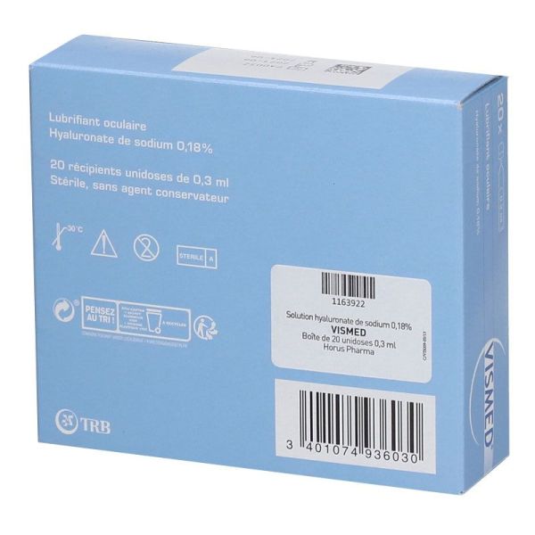 TRB Chemedica Vismed Lubrifiant oculaire acide hyaluronique 0,18% (20 monodoses de 0,3 ml)