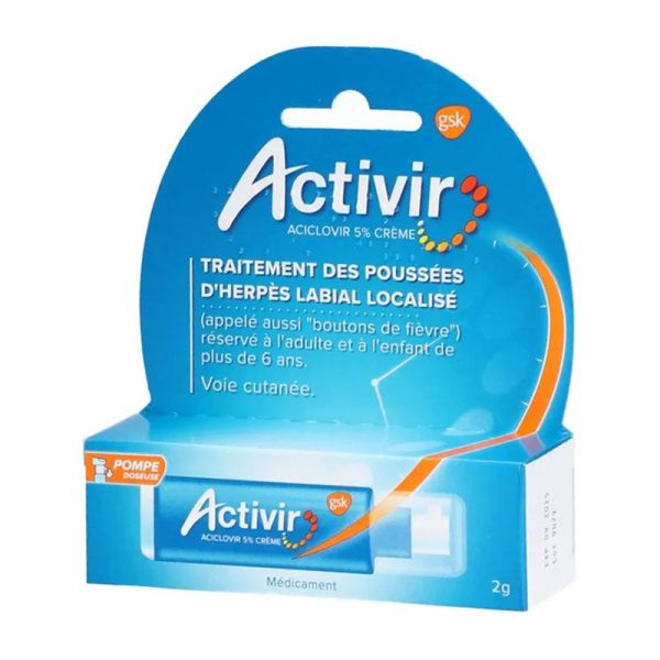 Activir 5% Crème pompe-dose traitement des poussées d'herpès labial "boutons de fièvre" (2 g)