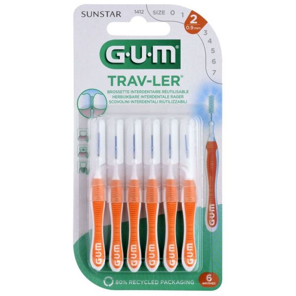 GUM Trav-Ler Brossettes interdentaires réutilisables orange 0,9 mm (x6)