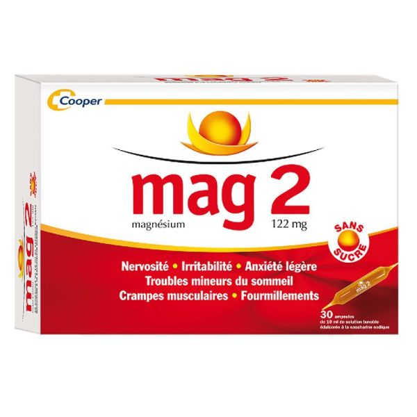 Cooper Mag 2 Magnésium 122 mg sans sucre nervosité, sommeil, crampes (30 ampoules)