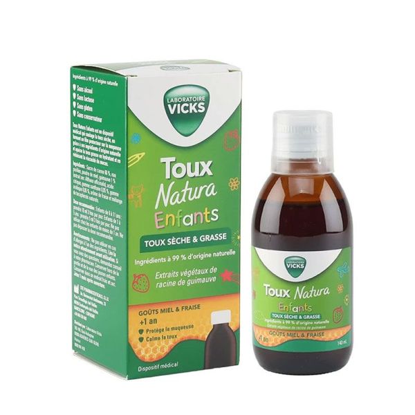 Vicks Toux Natura Enfant Sirop toux sèche & grasse goûts miel & fraise (140 ml)